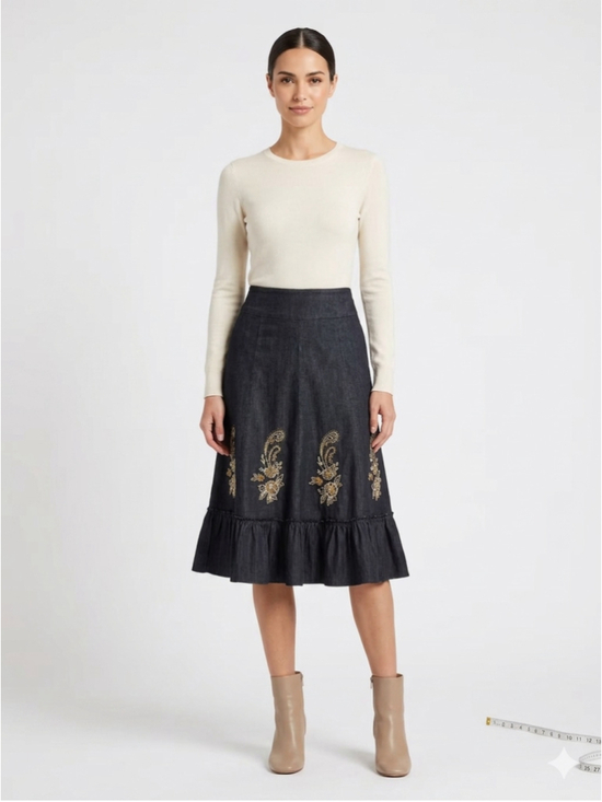 Venus Fashion Ltd Dresses & Skirts - Venus Embroidered Jean Skirt Boho Western Cottagecore Ruffle Midi Size 30 - 673